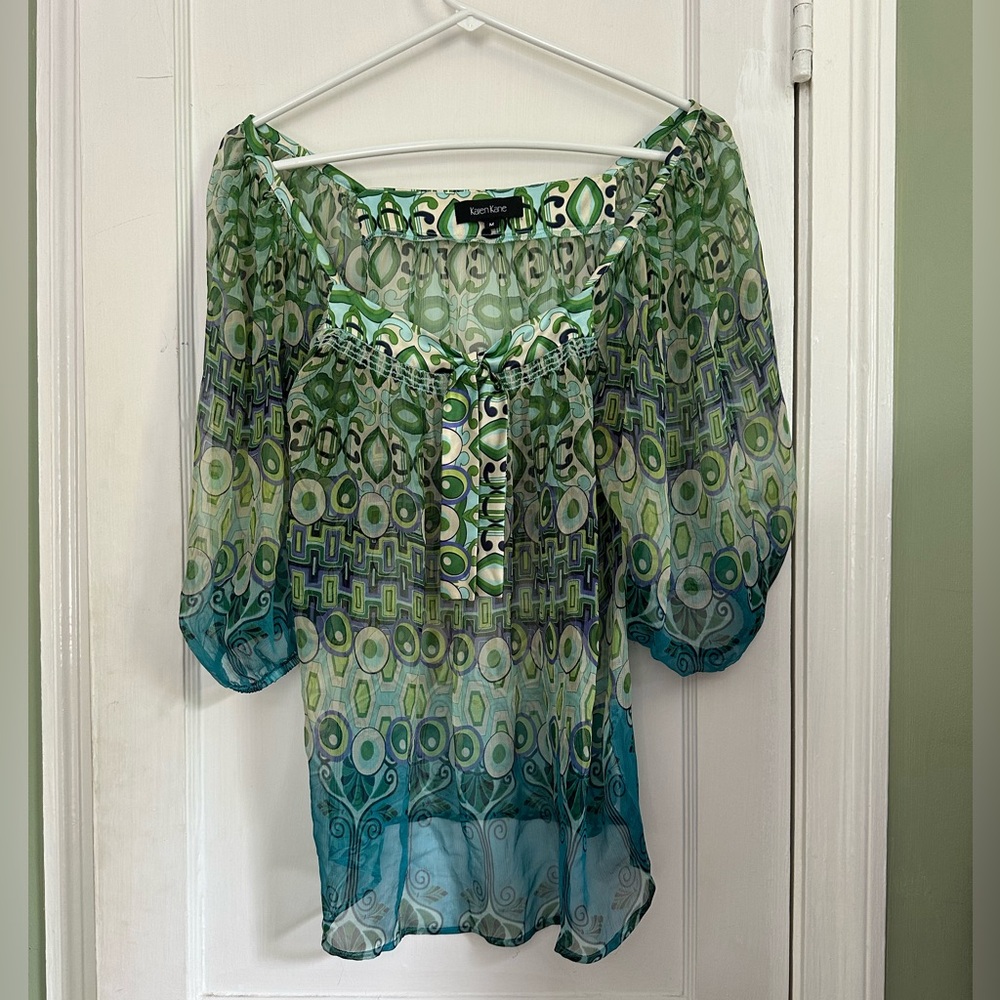 Karen Kane Green and Blue Graphic Blouse